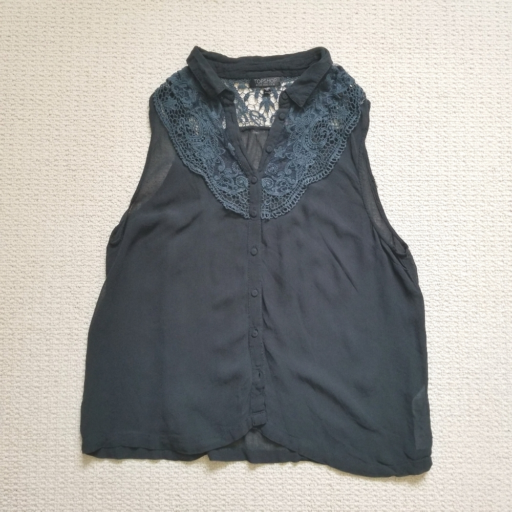 Topshop sheer sleeveless lace trimmed blouse size 12